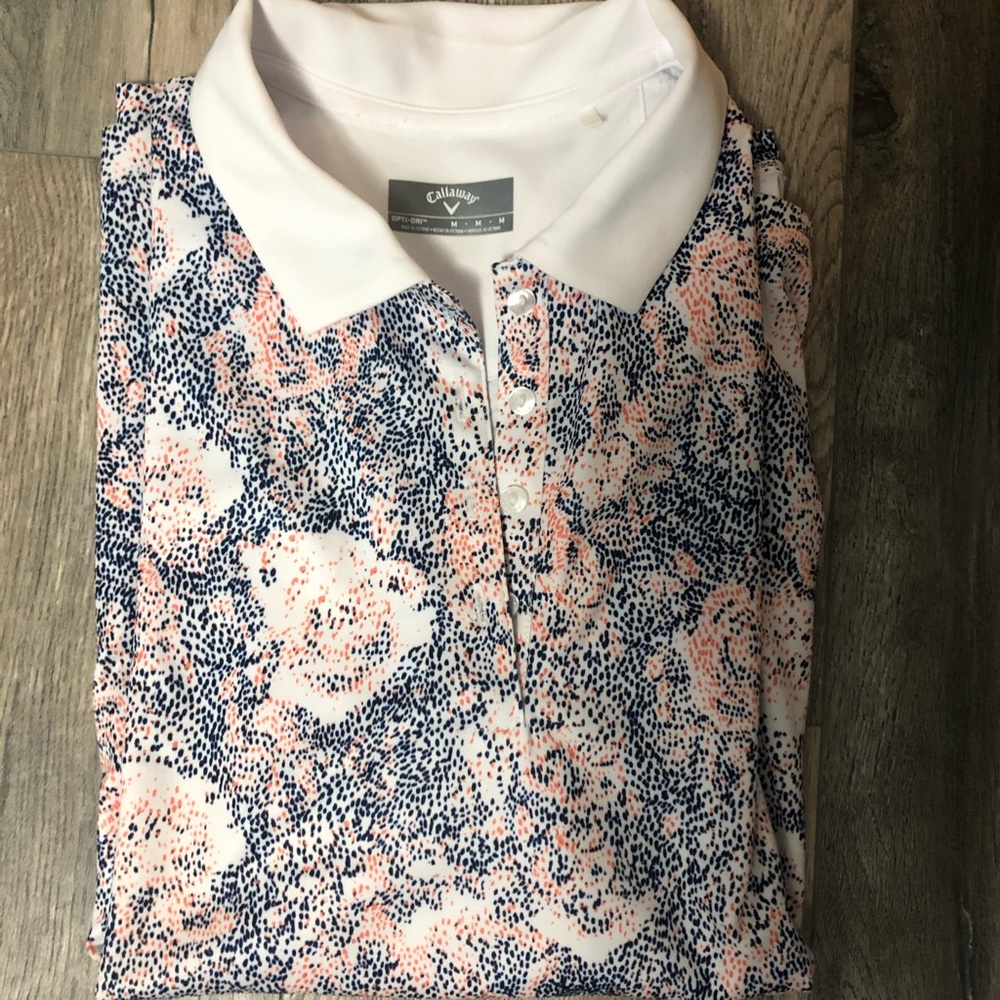 Callaway Women's Short Sleeve Polo in Navy, White & Peach Print
